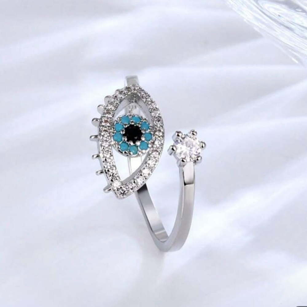 14k Silver Evil Eye Ring with Rhinestones Adjustable Ring - Picture 4 of 6